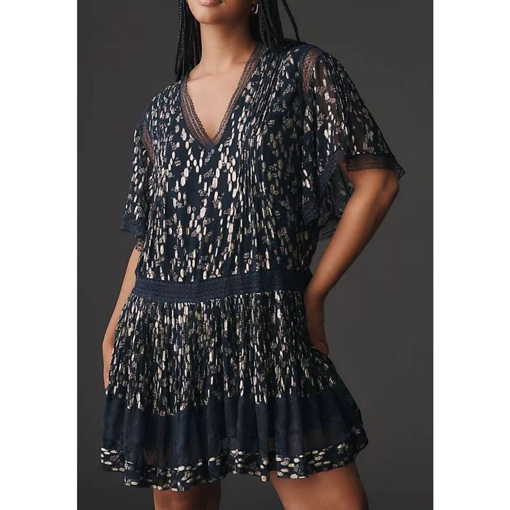 Maeve V-Neck Lurex Tiered Mini Dress Size XS